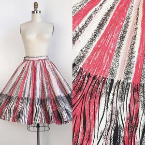 Vintage 50s Red Pink Black Tassel Border Print Novelty Print Circle Skirt Size Small