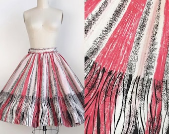 Vintage 50s Red Pink Black Tassel Border Print Novelty Print Circle Skirt Size Small