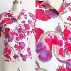 50s Vintage Watermelon Fruit Rose Print Shirt Blouse Button up Short Sleeved Size Medium Large