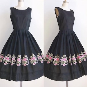 Vintage 50s L’Aiglon Rose Embroidered Border Print Day Dress Size Small