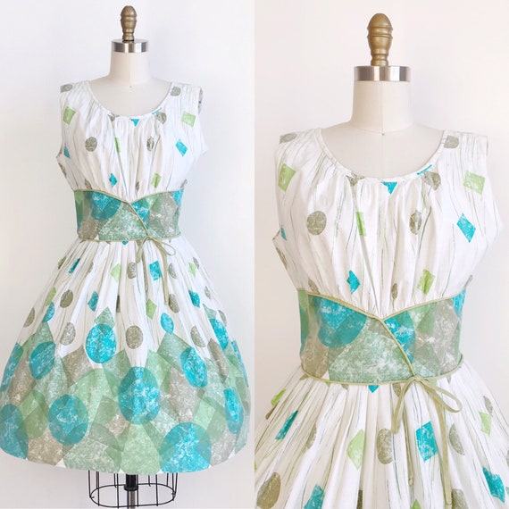 50s Vintage Abstract Geometric Shapes Border Prin… - image 1