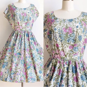 Vintage 50s Wildflower Botanic Floral Print Day Dress Size Medium Large