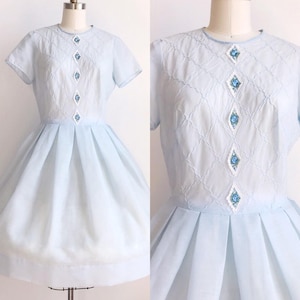 Vintage 1950s Blue Floral Embroidered Harlequin Day Dress Toni Todd Size Medium