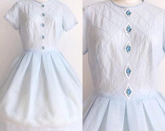 Vintage 1950s Blue Floral Embroidered Harlequin Day Dress Toni Todd Size Medium