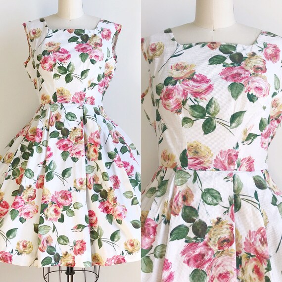 50s Vintage Rose Floral Print Cotton Dress - Mediu