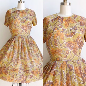 Vintage 50s Butterfly Floral Print Autumn Day Dress Size Small Medium