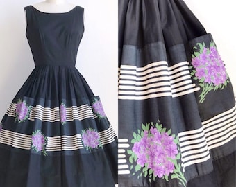 Vintage 1950s Floral Border Print L’Aiglon Day Dress Sundress Size Small