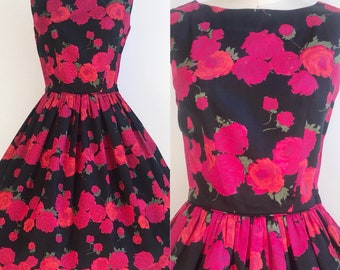 50s Vintage Rose Print Floral Print Day Dress- Small