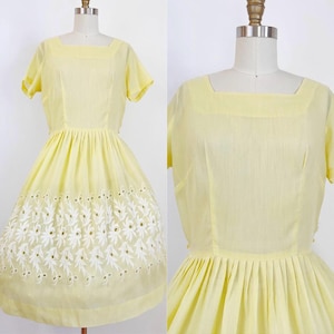 Vintage 1950s Pastel Lemon Yellow Embroidered Day Dress Sun Dress