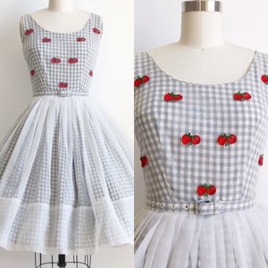 Vintage 50s Strawberry Overlay Gingham Dress Size Small
