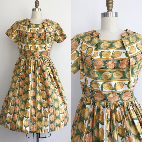 Vintage 50s Yellow and Orange Rose Novelty Print … - image 1