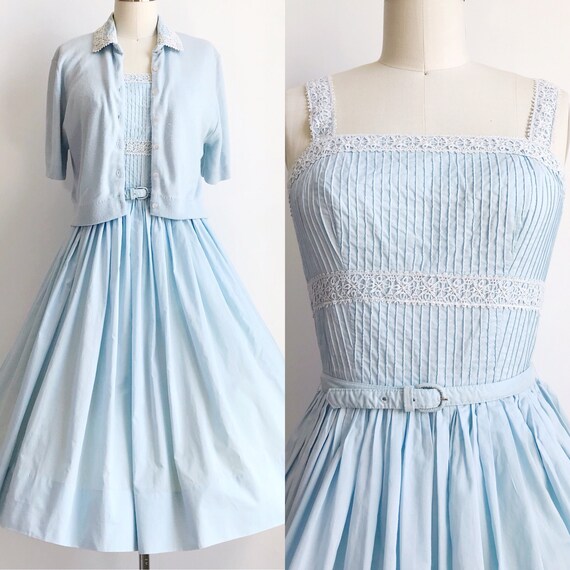50s Vintage Light Blue Two Piece Dress Carol Craig