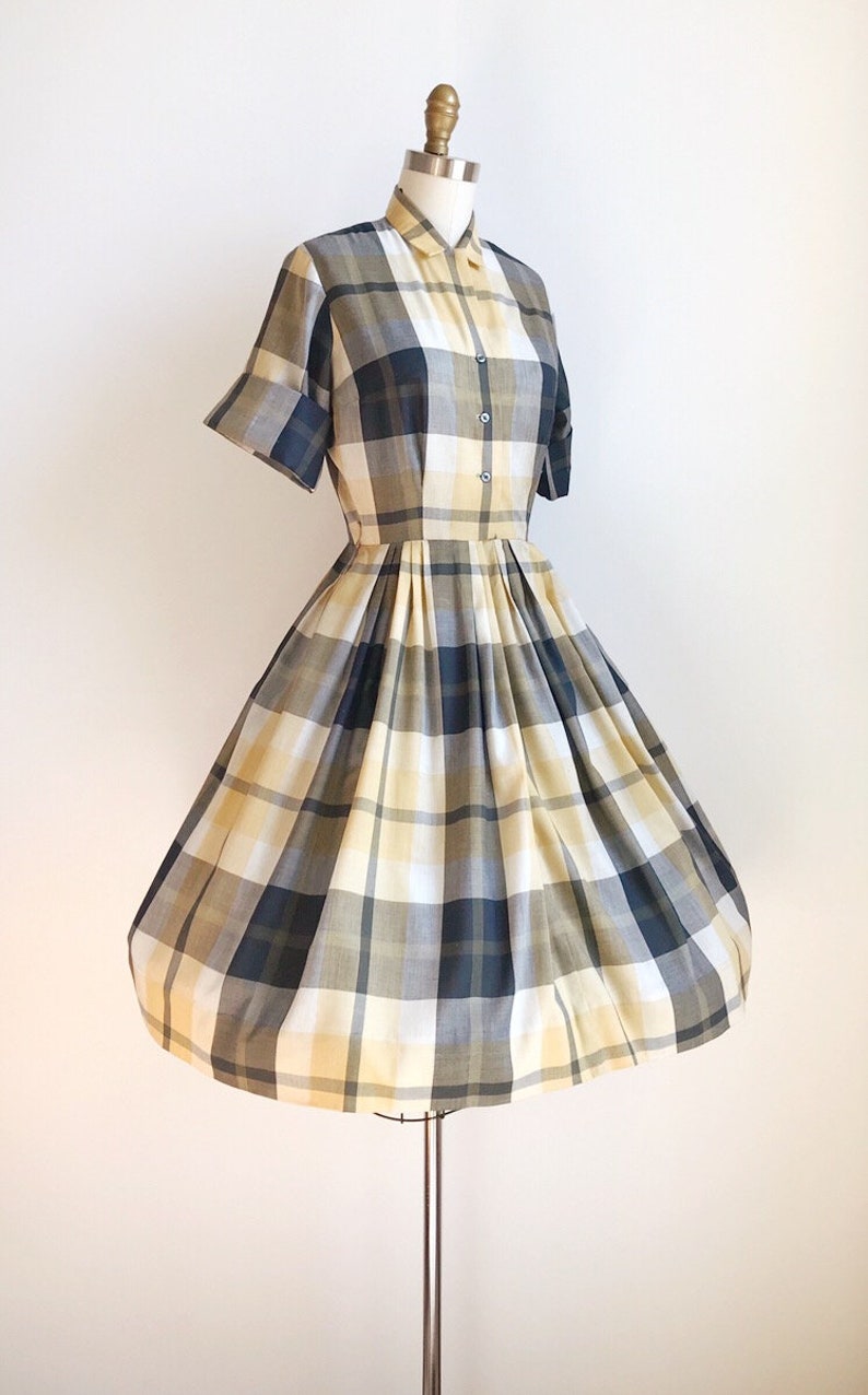 50s Vintage Plaid Shirtwaist Day Dress Small image 3