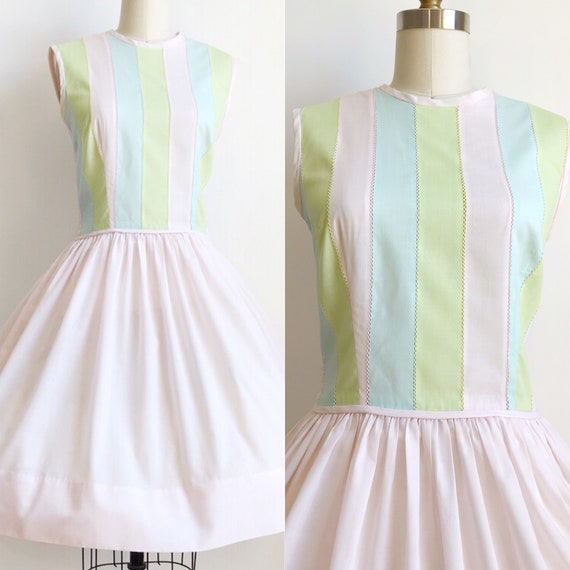 50s Vintage Gay Gibson Pastel Striped Day Dress- M