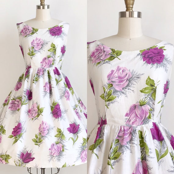 Vintage 50s Purple Rose Floral Print Dress - Mediu