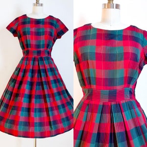Vintage 1950s Plaid Tartan Red Green Day Dress Holiday Christmas Medium