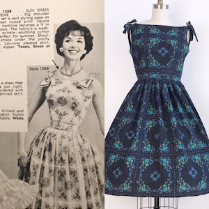 Vintage 1950s Blue Rose Print Kerchief Floral Dress Lana Lobell Day Dress Size Small