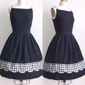 50s Vintage Black Gingham Border Print Scallop Detail Double Strap Day Dress Sundress Size Small