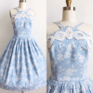 50s Vintage Blue Floral Rose Print Halter Sundress Day Dress Brigitte Bardot Style Size Small