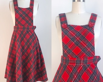 70s Vintage Pinafore Overall Holiday Winter Dress - Small