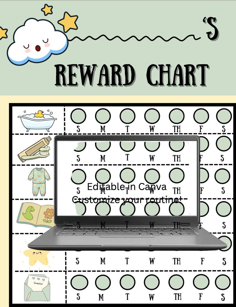Reward Chart Lettering Editable Kids Bedtime Routine Checklist With Reward Chart | Instant ...