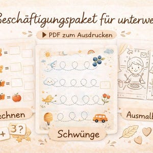 Könnte beinhalten: Ein Lernpaket im Aquarellstil mit dem Text "Beschäftigungspaket für unterwegs" und "PDF zum Ausdrucken". Das Paket enthält Matheaufgaben mit Schmetterlingen und Äpfeln, Übungen zum Nachzeichnen und Ausmalbilder. Das Thema ist für Kinder.
