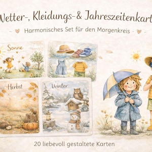 May include: Watercolor illustrations of weather, clothing, and seasons. The set includes cards depicting sunny days, summer clothes, autumn scenes, and winter landscapes. Two children are shown, one with an umbrella and the other with sunglasses.