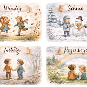Puede incluir: Ilustraciones en acuarela que representan a niños en diferentes escenas estacionales. Una muestra a niños jugando en el viento, otra construyendo un muñeco de nieve, una tercera caminando en la niebla y la última observando un arcoíris. Cada escena tiene una pancarta con una palabra estacional.