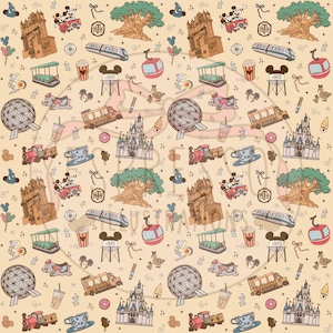 May include: A repeating pattern featuring iconic theme park imagery. Includes illustrations of a castle, train, tree, and other attractions in shades of brown, red, and blue on a beige background. Mickey Mouse and other characters are also featured.