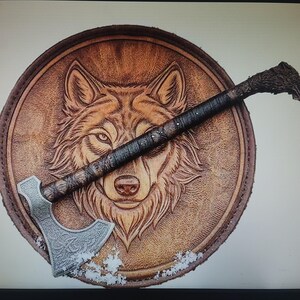 Handmade Viking Wolf Shield and Axe Set, Nordic Leather Style Decor