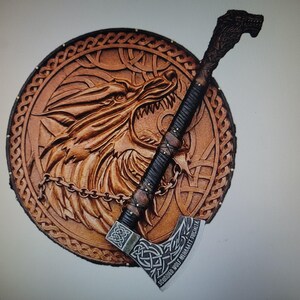 Handmade Viking Wolf Shield and Axe Set, Celtic Knotwork, Norse Decor