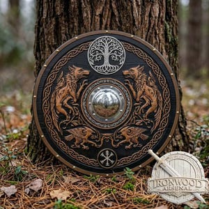Pode incluir: Um escudo circular de madeira com um umbo metálico polido ao centro, rodeado por relevos esculpidos de dois lobos e duas aves. Um emblema prateado da árvore da vida situa-se no topo, com um símbolo rúnico na base e tachas metálicas.