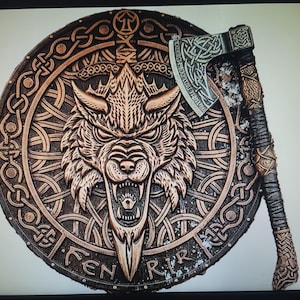 Handmade Fenrir Wolf Shield and Celtic Axe Set, Norse Mythology Decor