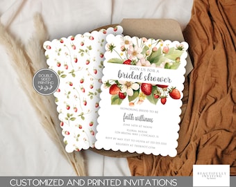 Strawberry Bridal Shower Invitation, Berry in Love, Scalloped Edge, Botanical Invite, Die Cut, Printed, Custom, Editable, Pink