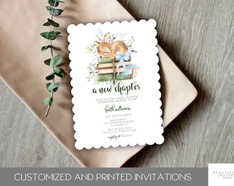 New Chapter Begins Baby Shower Invitation, Woodland Baby Shower, Storybook Baby Shower, Scalloped Edge Printed Invite, Woodland Baby Shower