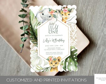 Wild One Birthday Invitations, Safari Animals, Elephant, One Year Birthday Invites, First Birthday, 1st Birthday, Printed, Scalloped Die Cut