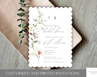 Wildflower Bridal Shower Invitation, Boho Floral, Garden Bridal Shower, Die Cut, Printed Invite,  Custom, Scalloped Edge, Editable