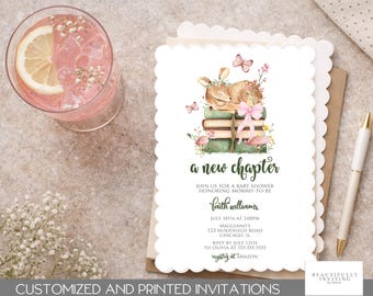 New Chapter Begins Baby Shower Invitation, Woodland Baby Shower, Storybook Baby Shower, Scalloped Edge Printed Invite, Woodland Baby Shower