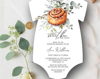 Bun in the Oven Baby Shower, Cinnamon Roll Invite, Die Cut Invitation, Gender Neutral, Printed, Editable Invite