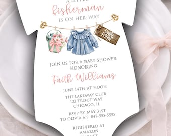 Fishing Baby Shower Invitation, A Little Fisherman is on the Way, Die Cut, Printed, Editable Invite, Baby Girl Shower, Pink