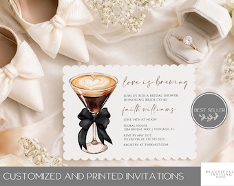 Espresso Martini Bridal Shower Invitation, Chic Coffee Theme, Love is Brewing, Die Cut, Printed Invite, Scalloped Edge, Editable