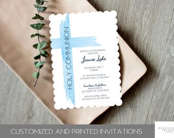 First Holy Communion Invitation for Boy,  Cross Invite, Printed Invitation, Blue Invite, Communion Card, Die Cut, Editable, Chic