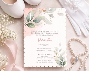First Communion Invitation, Greenery Invite, Printed Invitation, Gold Greenery, Eucalyptus, Botanical Communion Card, Die Cut, Editable