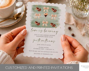 Love Is Brewing Bridal Shower Invitation, Espresso Martini Bridal Shower, Coffee Invite, Die Cut, Printed Invite, Scalloped Edge, Editable