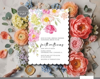 Printed Floral Bridal Shower Invitations, Scalloped Edge, Pink Watercolor Flowers, Custom Printed Invitations, Die Cut, Editable