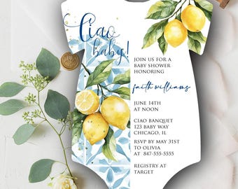 Ciao Baby Shower Invite, Italian Theme, Mediterranean Baby Bambino Invitation, Editable, Die Cut, Brunch, Modern, Lemon, Amalfi Blue