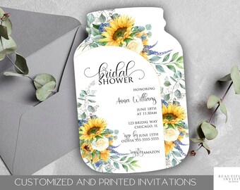 Sunflower Bridal Shower Invitation, Floral Bridal Invitation, Yellow Floral Watercolor, Eucalyptus Greenery, Mason Jar, Editable, Rustic