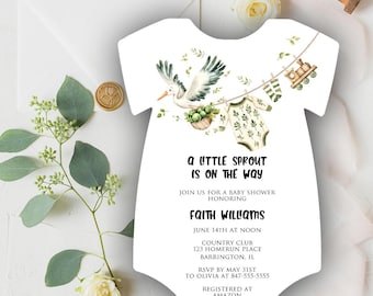 Little Sprout Baby Shower Invitation, Greenery Invite, Veggie Invitation, Stock Shower, Die Cut, Printed, Editable Invite