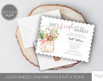 Fresh Off the Market Bridal Shower Invitation, Farmer's Market Invite, Editable, Die Cut,  Brunch, Lunch, Modern, Chic, Floral Bouquet