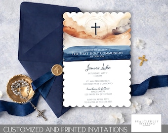 First Holy Communion Invitation Boy, Navy Blue Cross, Scalloped Religious Invitation, Navy Communion Invite, Printed, Watercolor Communion